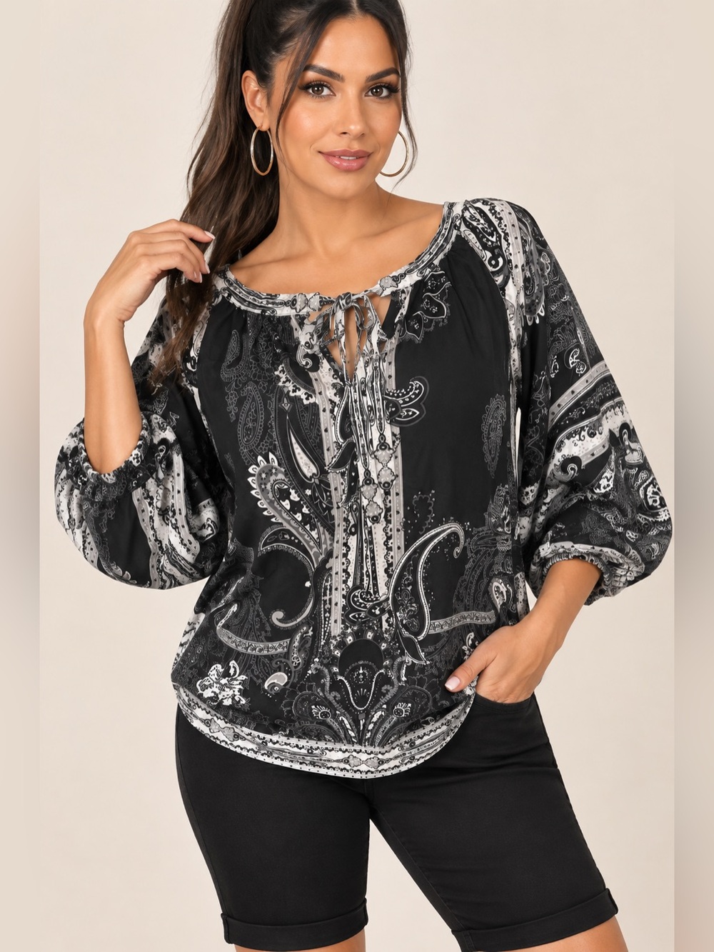 New York & Company Black Paisley Tie-Front Peasant Blouse